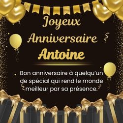 Carte anniversaire noire élégante avec ton prénom 🖤 pour Antoine - carte Cartes d'Anniversaire Personnalisées 🎂 personnalisée gratuite