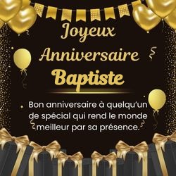 Carte anniversaire noire élégante avec ton prénom 🖤 pour Baptiste - carte Cartes d'Anniversaire Personnalisées 🎂 personnalisée gratuite