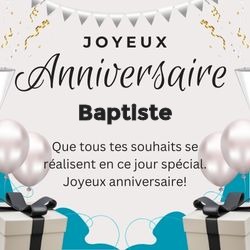 Carte anniversaire noir et blanc moderne avec prénom 🎁 pour Baptiste - carte Cartes d'Anniversaire Personnalisées 🎂 personnalisée gratuite