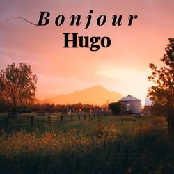 Image bonjour champêtre avec vue villageoise et prénom 🌄 Cartes Personnalisées Hugo | Catégories